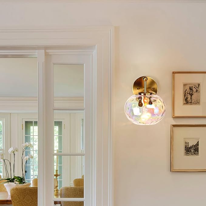 Gold Wall Sconce Light Colorful Hammered Glass Vanity Lighting Brushed Brass Wall Lamp for Bathroom Over Mirror