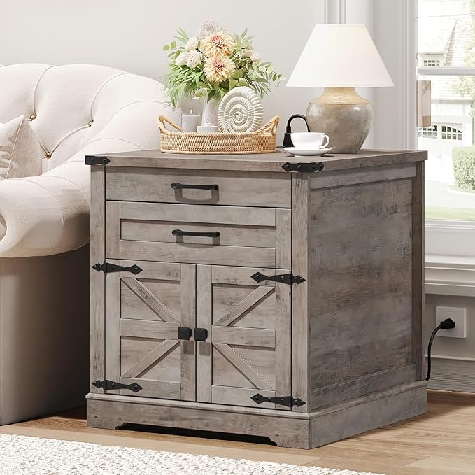 Farmhouse End Table Set of 2, 24'' Sofa Side Table with 2 Drawers and Barn Door, Large Rustic Wooden Square Nightstand for Bedroom, Living Room, Greige