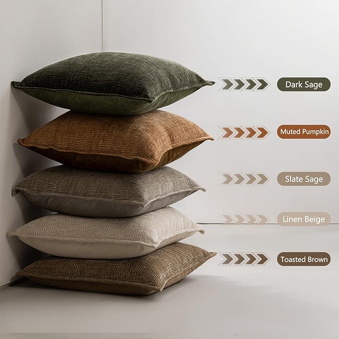DWR Decorative Throw Pillow Covers Set of 2, 18x18 Crinkled Chenille Textured Cushion Covers for Couch, Sofa or Bed, Modern Rustic Home Accent in Linen Beige/Natural Taupe