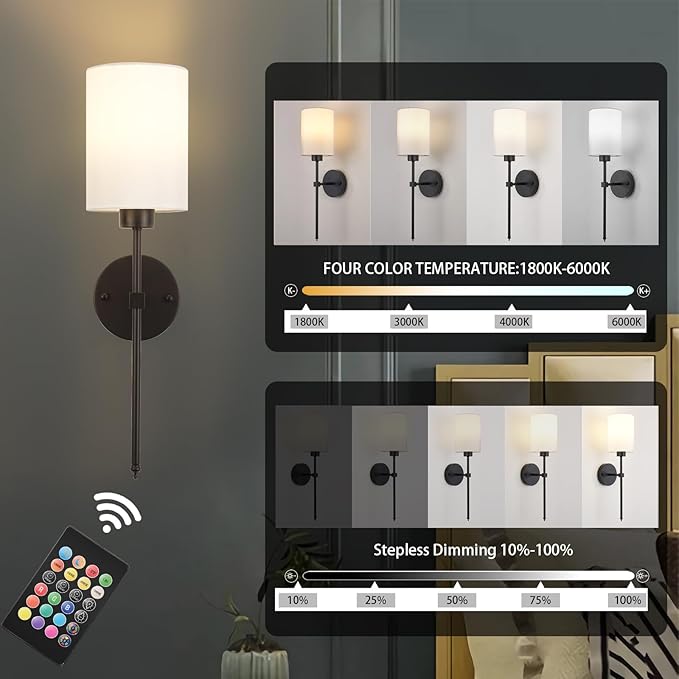 Battery Operated Wall Sconces Set of Two,Wireless Rechargeable Wall Light With Remote Control, Dimmable, Amber Light/Warm White/Natural White/Daylight/RGB, Timer,for Living Room,Bedroom,Entryway,Black