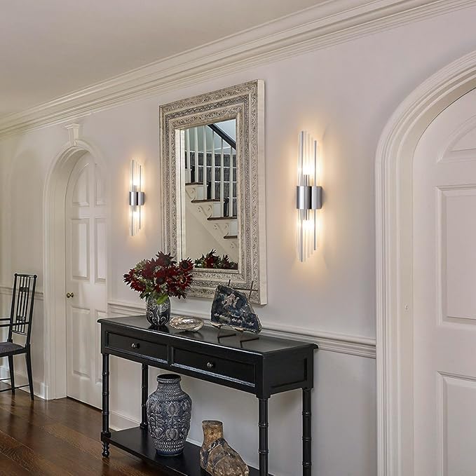 Chrome sconces Wall Set of 2, Silver Crystal Wall sconces Set of Two, Modern Wall Sconce Decoration (Set of Two) for Living Room, Bedroom, Bathroom, Vanity, Stairs, Hallway,with 4 E12 Light Sources