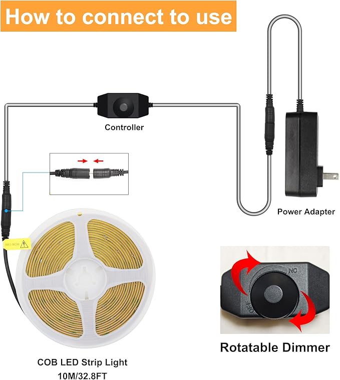 COB LED Strip, Warm White LED Strip Lights 32.8ft, 2700K COB LED Light Dimmable LED Strip, CRI92+, 8mm Width, 24V Flexible COB LED Tape Light for TV, Bedroom, Kitchen Cabinet, Closet, Home.