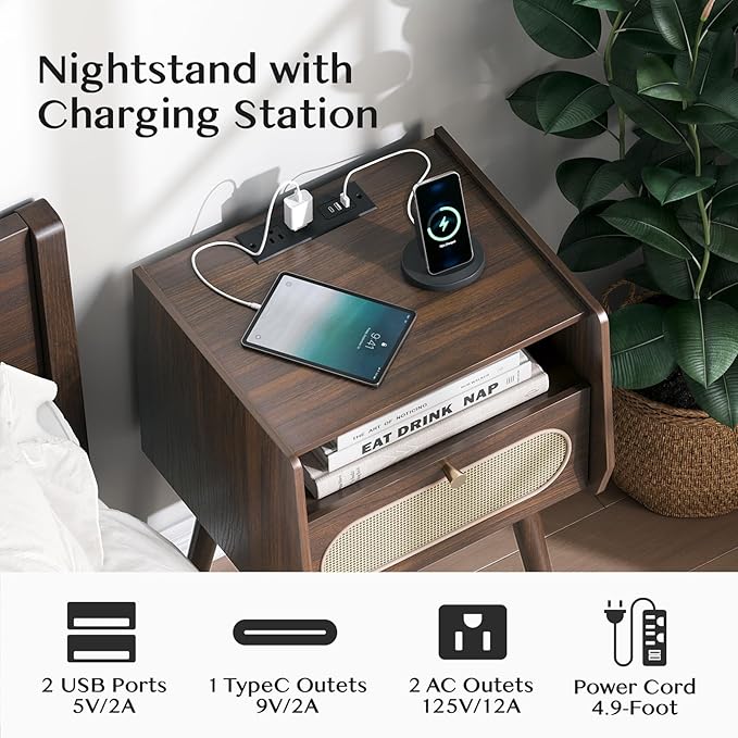 Nightstand Set of 2, Rattan Night Stands with Charging Station, Mid Century Modern Bedside Table with Drawer, Boho Dark Brown End Table with Storage, Wood Side Table for Bedroom, Dark Walnut