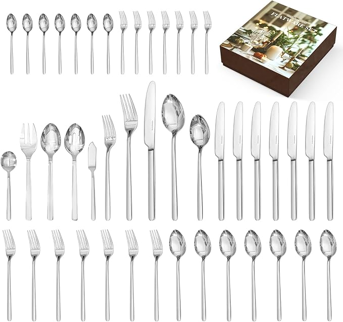 KINGSTONE Silverware Set with Serving Utensils, 45 Piece Flatware Set for 8, 18/10 Cutlery Set with 5 Pieces Serving Utensil Set Modern and Original Design Dishwasher Safe