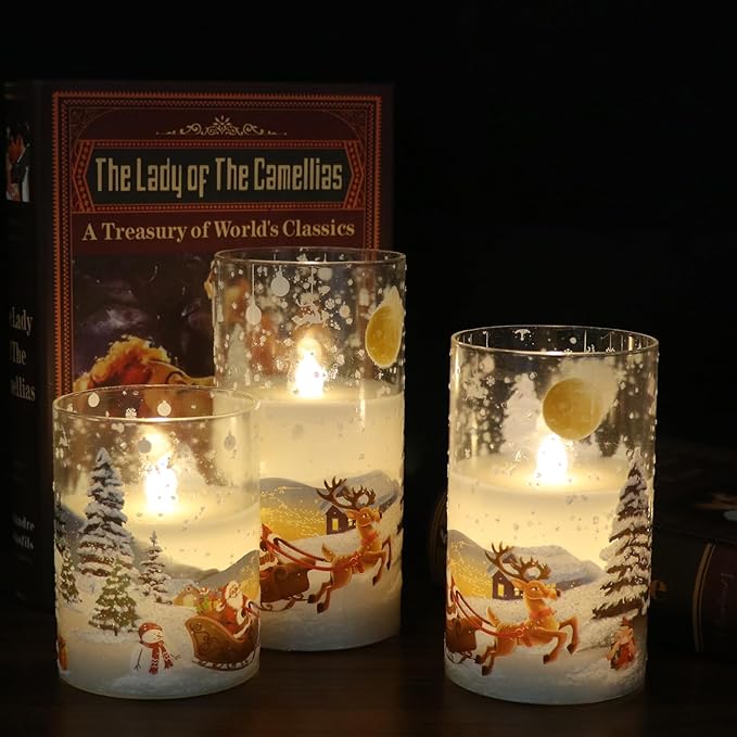 DRomance Santa Claus Glass Flameless Candles Battery Operated Remote and Timer Real Wax LED Flickering Pillar Candles White Cold Light Window Christmas Holiday Decor D3 x H4, 5", 6"