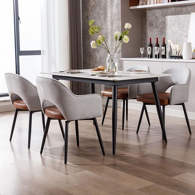 DUOMAY Modern Swivel Dining Chairs Set of 6, Linen & Faux Leather Upholstered Accent Side Chair, Home Office Desk Chair with No Wheels for Dining Room Living Room Office, Light Grey