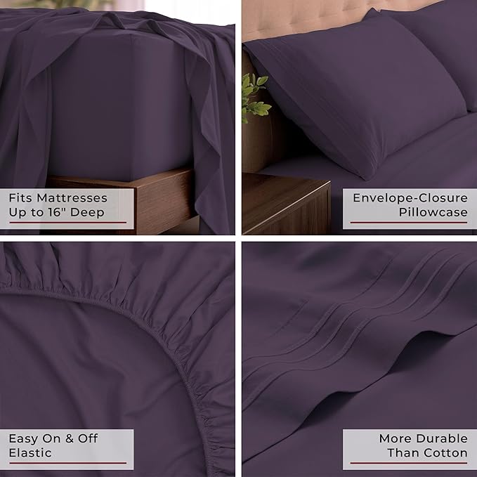Mellanni King Sheets Set - 4 PC Iconic Collection Bedding - Hotel Luxury, Extra Soft, Cooling Bed Sheets - Wrinkle, Fade, Stain Resistant (King, Purple)