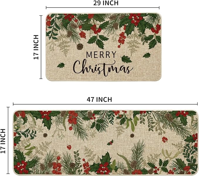 Artoid Mode Leaves Holly Merry Christmas Kitchen Mats Set of 2, Winter Home Decor Low-Profile Kitchen Rugs for Floor - 17x29 and 17x47 Inch