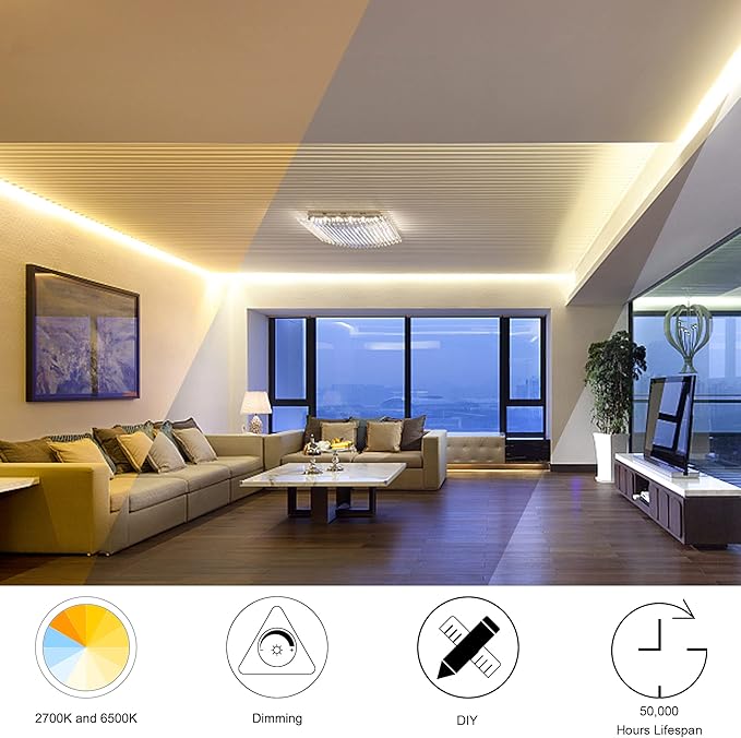 CCT COB LED Strip Lights Tunable White, 16.4ft Dimmable 2700K-6500K 24V Tunable White LED Strip Lights Set, High Density led Strips CRI 90+ UL-Listed Power Supply,for Bedroom Kitchen Home DIY Lighting