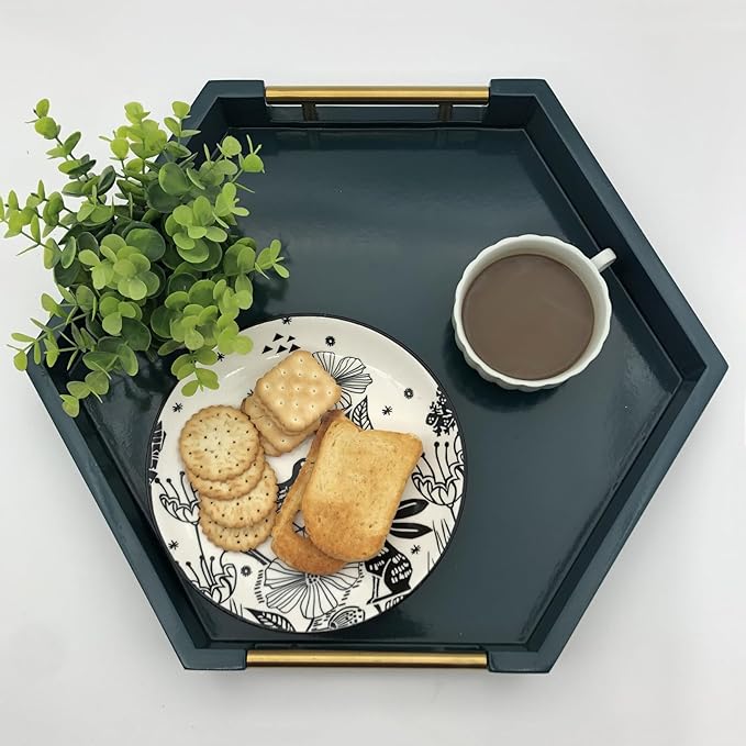 Serving Tray with Polished Metal Handles, Hexagon Coffee Table Tray, Modern Rectangle Decorative Tray, Large Ottoman Tray, Perfect for Storage and Display (Teal Hexagon)