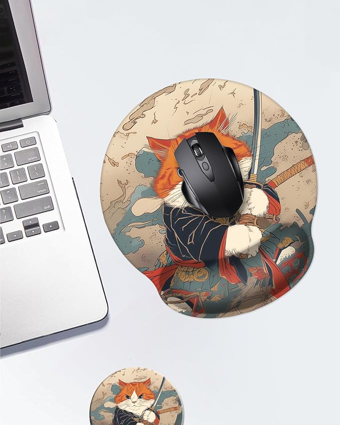Mouse Pad with Wrist Support, Ergonomic Mouse Pad with Memory Foam Wrist Rest Cushion, Non-Slip Rubber Base Gaming Mice Pad for Home Office Computer Laptop,Japanese Cat