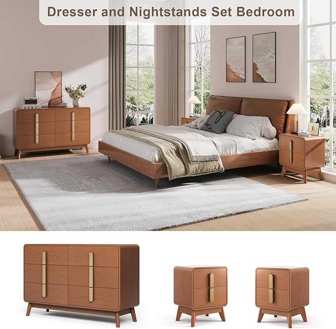 Mid Century Modern Bedroom Set, 6 Drawer Dresser and Nightstand Sets for Bedroom, Night Stand Set 2 & 6 Drawer Dresser with Gold Handles, Wood Chest of Drawers Storage Cabinet Set, Walnut