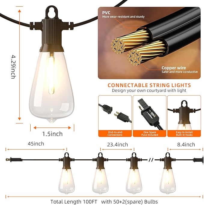 Kawaya Outdoor String Lights 100 FT LED Patio Light - 50+2 Shatterproof Vintage Edison Bulbs - 2700K Dimmable IP65 Waterproof Outside Hanging Lighting for Yard Porch Deck Balcony Bistro Cafe Party