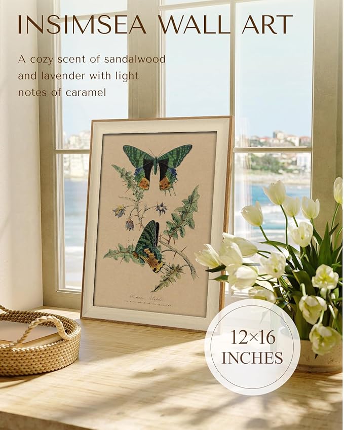 InSimSea Vintage Butterfly Framed Wall Art for Living Room, Elegant Botanical Nature Print, Perfect for Adding Timeless Charm and Beauty to Home Walls and Interior Spaces 16L x 12W
