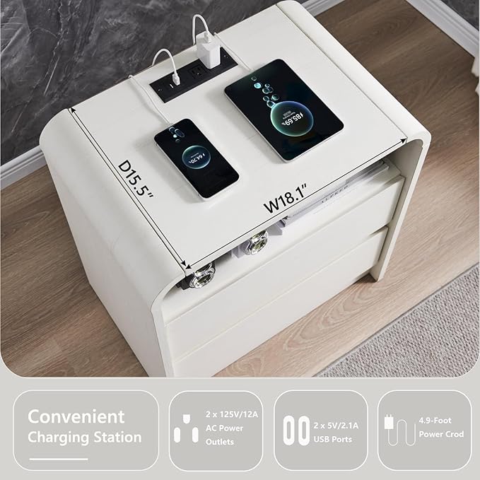 25" Tall Modern Nightstand with Charging Station, 23.6'' Wide Wood Bedside Table w/2 Storage Drawers, Large Mid Century End Table for Bedroom, Living Room, Curved Profile Design, White