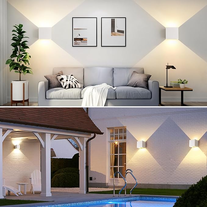 White Wall Sconces Set of Two,3 Color Temperatures Hardwired Up and Down Outdoor Lights,15W Indoor Wall Sconce,4.33 Inch Exterior/Interior Wall Lights for Living Room Bedroom Hallway Porch Yard 2 Pack