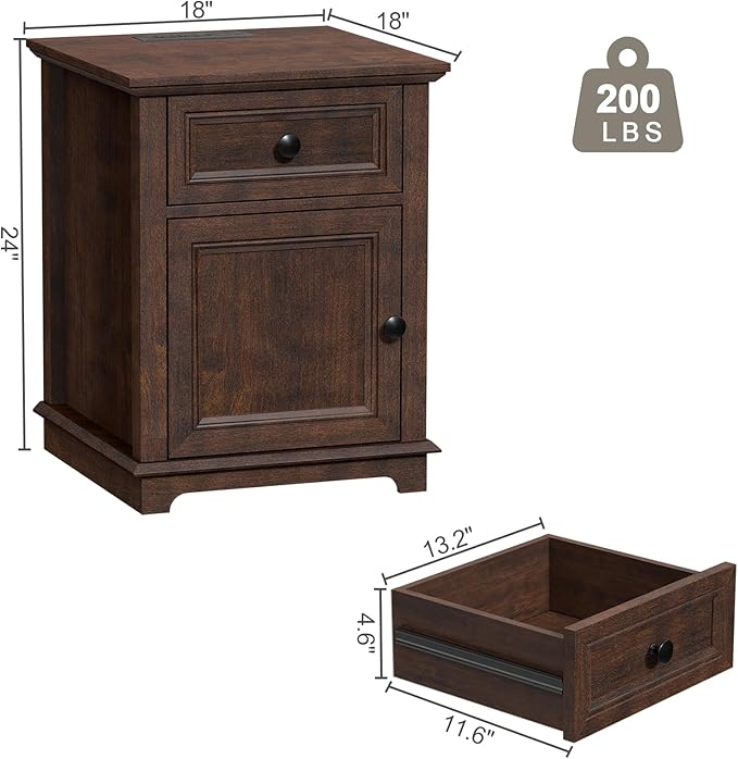 24" Tall End Table with Fast Charging Station, Square Side Table with Drawer & Large Storage Cabinet, Vintage Wooden Table for Living Room/Bedroom, Cherry