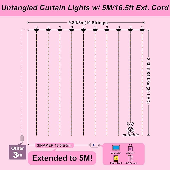 Pink Curtain Light with Untangled Wires for Bedroom, 300LED 9.8ft x 9.8ft Window Fairy Curtain String Light with 16 Hooks, 8 Models Remote Control for Wedding Party Home Garden Indoor Decor