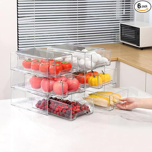 PeJeyiee 6 Pack Clear Stackable Refrigerator Organizers and Storage Drawers - Pull-Out Fridge Bins with Anti-Slip Base & Easy Clean, Plastic Organizers for Kitchen Pantry Cabinet Closet (Large)