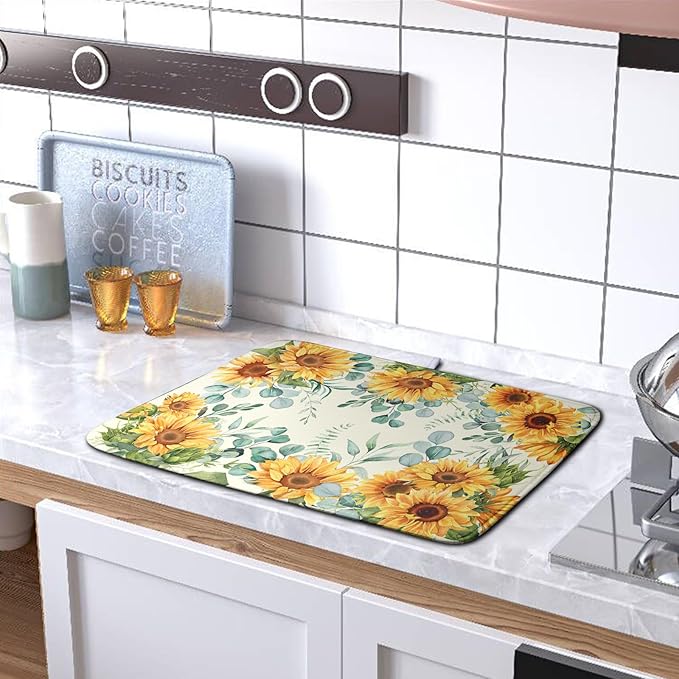 Sunflowers Dish Drying Mat for Kitchen Counter Yellow Flower Green Leaves Dish Draining Mats Spring Summer Floral Dishes Pad Microfiber Absorbent Dish Drainer Rack Mat 16x18 Inch