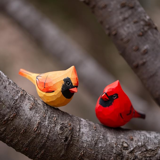 Handcrafted Red Cardinal Figurines – 1 Pair Small Wooden Christmas Male & Female Cardinals Statues Decor for Shelf, Desk, Mantel – Eco-Friendly for Women & Collectors