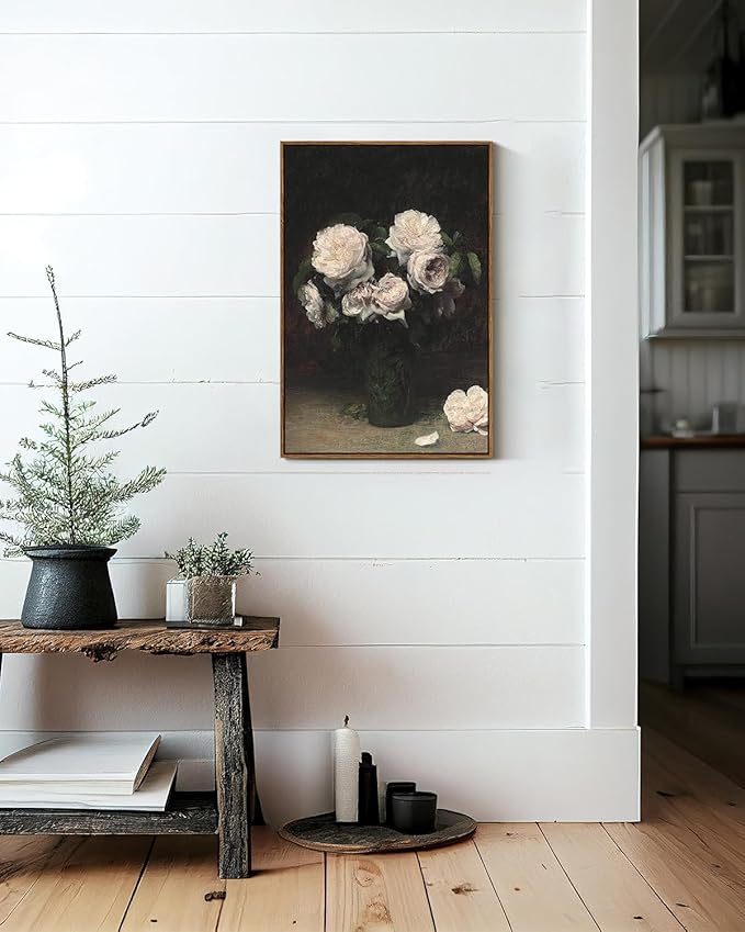 VIYYIEA Vintage Floral Large Framed Wall Art, Rose Flower Paintings Art Decor Room Aesthetic, Canvas Print Artwork, Retro Still Life Wall Pictures for Bedroom Bathroom Office, 20x30 Inch