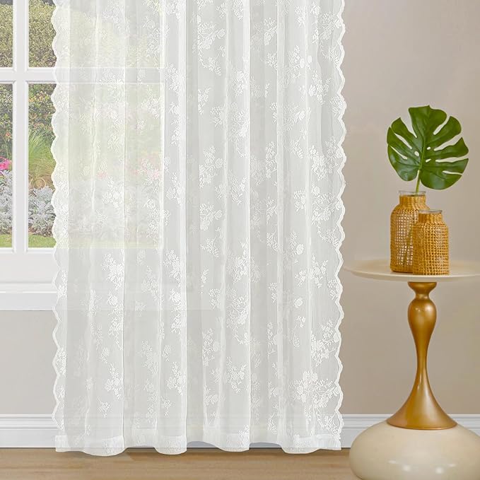 Sheer Lace Curtains 84 Inches Long, Vintage Floral Light Filtering Ivory Lace Curtains for Living Room & Bedroom, Rod Pocket, 2 Panels Set, Tiny Flower Pattern (Ivory, 52" W x 84" L)