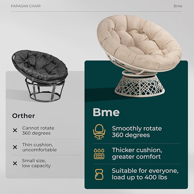 Bme 40" Ergonomic Wicker Papasan Chair with Soft Thick Density Fabric Cushion, High Capacity Steel Frame, 360 Degree Swivel for Living, Bedroom, Reading Room, Lounge