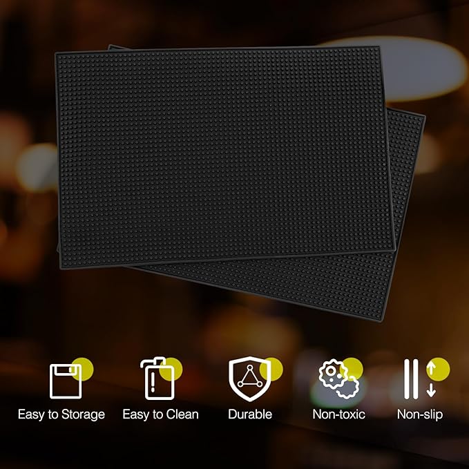 Tioncy 2 Pcs Bar Mat for Countertop 18 x 12 Inch Non Slip Rubber Mat Service Spill Cocktail Bartending Coffee Bar Mats for Hot Dishes Restaurants Barbershop Clippers Hot Pads, Black