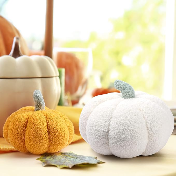 Kajaia 4 Pcs Fall Decor Pumpkin Throw Pillow Fall Pillow 11 Inches 7 Inches 3D Cushion Thanksgiving Sherpa Plush Fluffy Stuffed for Autumn Halloween Christmas Home Sofa(White, Yellow, Red, Brown)