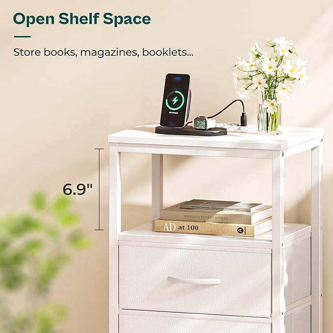 Huuger Nightstands Set of 2, End Tables with Charging Station, Side Tables with Fabric Drawers, Bedside Tables with USB Ports and Outlets, Night Stands, PU Leather, White