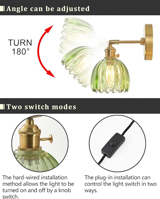 Plug in and Hardwired Wall Sconces, Luxury Vintage Tulip Crystal Glass Shade Wall Light with Switch for Bedside Bedroom Living Room (Tulip-Green, 1)