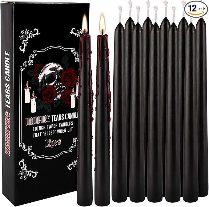 12PCS 10-Inch Black Bleeding Taper Candles,Vampire Tears Taper Candles- Unscented Ideal for Halloween, Christmas, Rituals, and Themed Party Decor