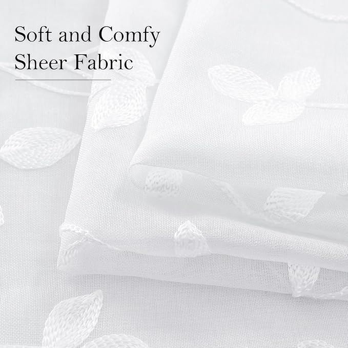 HOMEIDEAS White Sheer Curtains 52 X 84 Inches Length 2 Panels Embroidered Vine Floral Pattern Pocket Faux Linen Semi Sheer Voile Window Drapes for Bedroom Living Room