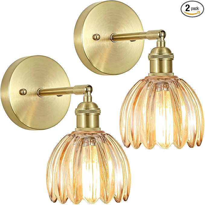 Vintage Wall Sconces Set of Two,Hardwired Wall Lights with Amber Tulip Glass Lampshade,Gold Wall Lamps for Bedroom Bedside Stairway Bathroom Living Room(Bulbs Not Included)