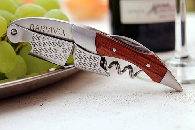 Barvivo Wine Bottle Opener with Double Hinged Corkscrew - 4.5-Inch Manual Wine Key with Foil Cutter and Cap Remover - Stainless Steel Bar Key Tool for Bartenders and Servers - Natural Rosewood Handle