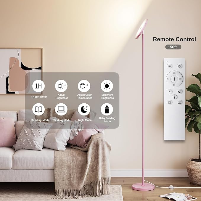 SUNMORY Soft Pink Torchiere Floor Lamp for Bedroom and Office – Elegant Standing Lamp with Modern Design, Perfect for Ambient Lighting in Living Spaces