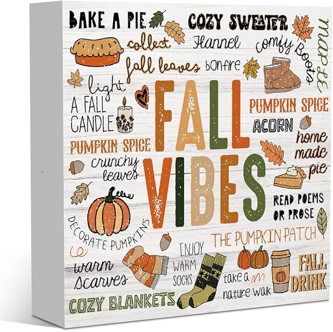 Autumn Thanksgiving Happy Fall Pumpkin Drink Maple Leaf Office Bedroom Dining Room Decor Wooden Box Block Plaque Wood Products Sign for Desk Table Tabletop Decor 5 x 5 inches Tub1601