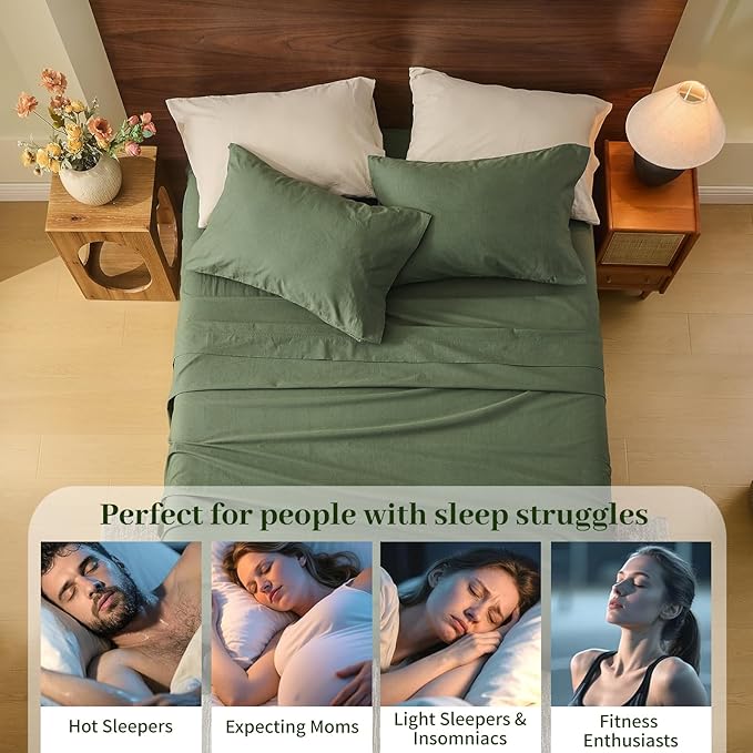 MEISHANG 100% French Pure Linen Sheets Queen Size - Bed Sheets 4 Piece Sets, Soft Durable Flax Linen, Anti-Tear Breathable Oeko-Tex Certified with 16" Deep Pocket (Forest Green)
