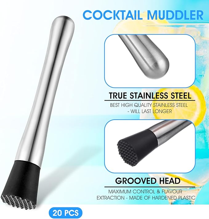 20 Pcs Muddler for Cocktails - Stainless Steel Bar Muddler Tool, Muller for Drinks Ice Crusher, Bartender Tools Set Home Bartender Bars Accessories