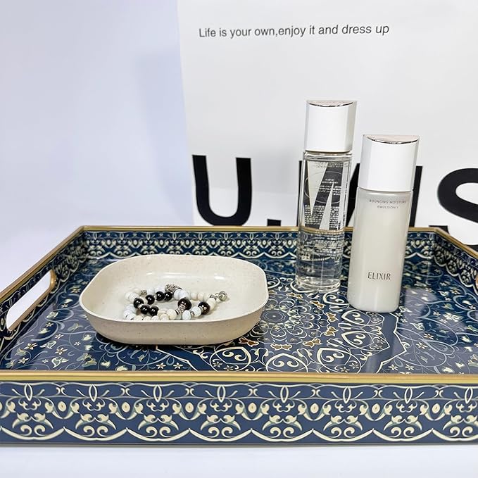 Boho Sturdy Acrylic Rectangular Serving Tray with Handles, Coffee Table, Food & Breakfast-Kitchen Countertop & Living Room Ottoman Tray, 15.7" x 11.8"