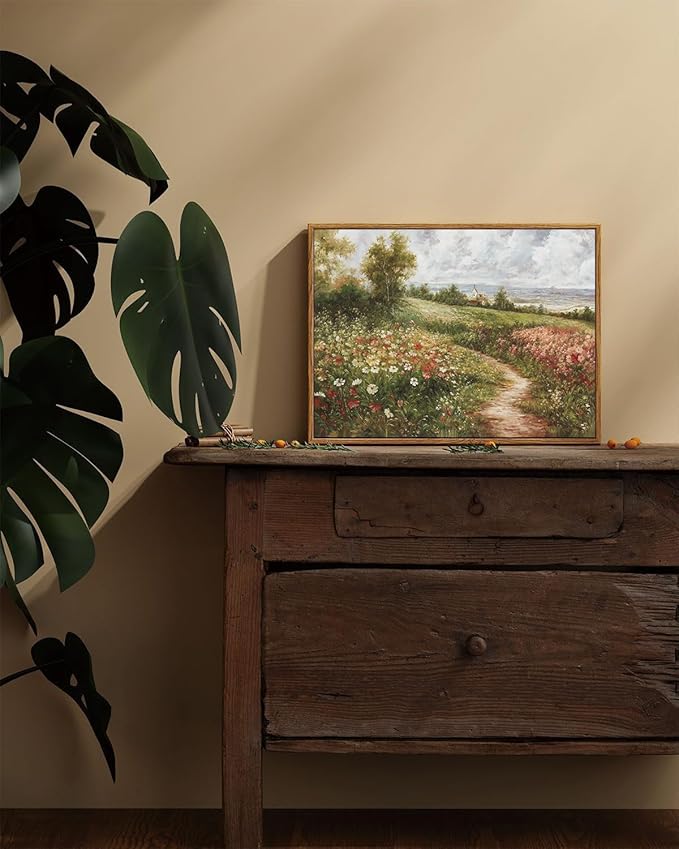 KISSFOX Vintage Landscape Framed Wall Art Spring Rustic Pathway Flower Field Canvas Art Natural Countryside Paintings Artwork Farmhouse Art Prints For Bedroom Bathroom Living Room