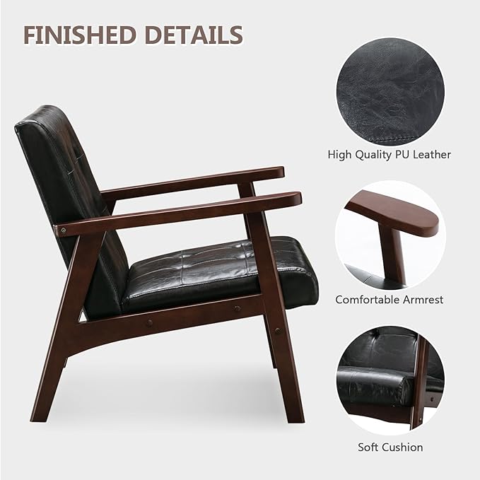 Bonzy Home Accent Chair - Faux Leather Mid Century Modern Chair for Living Room | Sturdy Solid Wood Frame Armchair, Comfy Retro Chair for Bedroom & Small Spaces, Accent Chairs, Black