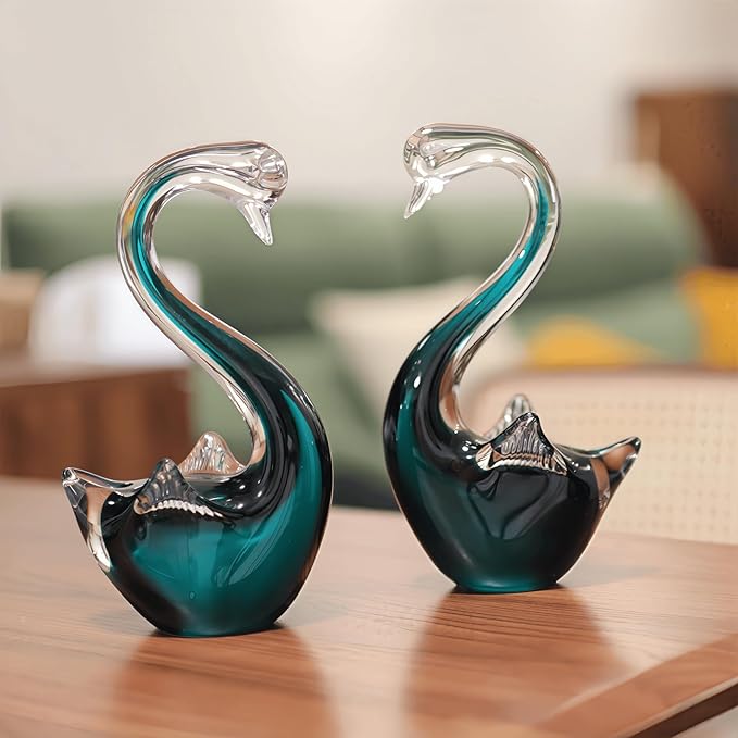 Hand Blown Glass Aqua Green Swan Figurines Set - Weatherproof Glass Art, Indoor/Outdoor Decor, Pair of 2 - Perfect Garden Art, Home Shelf Display & Gift for All Occasions