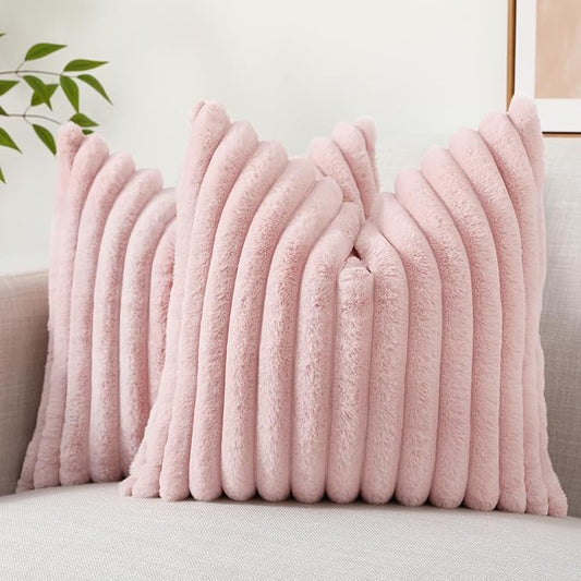 decorUhome Faux Fur Throw Pillow Covers 22x22 Set of 2, Decorative Soft Plush Striped Neutral Couch Euro Pillow Covers with Velvet Back for Sofa, Bed, Living Room Home Decor, Pink