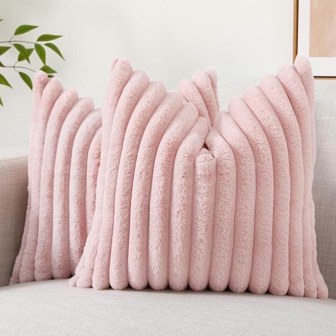 decorUhome Faux Fur Throw Pillow Covers 26x26 Set of 2, Decorative Soft Plush Striped Neutral Couch Euro Pillow Covers with Velvet Back for Sofa, Bed, Living Room Home Decor, Pink