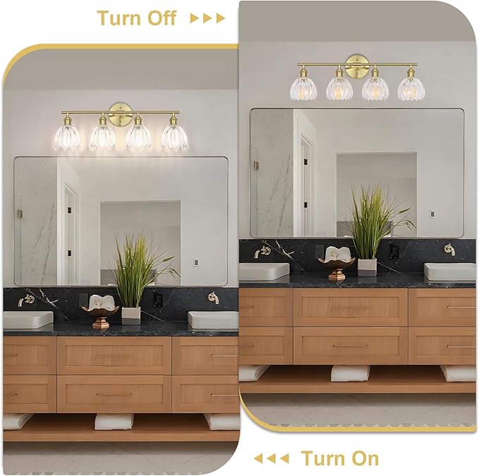 Vintage Bathroom Light Fixtures,4-Light Hardwired Vanity Lights Over Mirror,Gold Wall Sconces with Clear Tulip Glass Shade for Bathroom Living Room,E26 Socket(Bulbs Not Included)