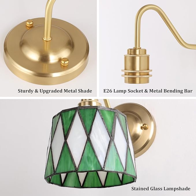 Vintage Battery Operated Wall Sconce Set of 2, 5000mAh Rechargeable Wall Lamp 12 RGB Colors Dimmable, Gold Lights Fixture for Bedroom Bathroom Living Room Hallway Green Checker