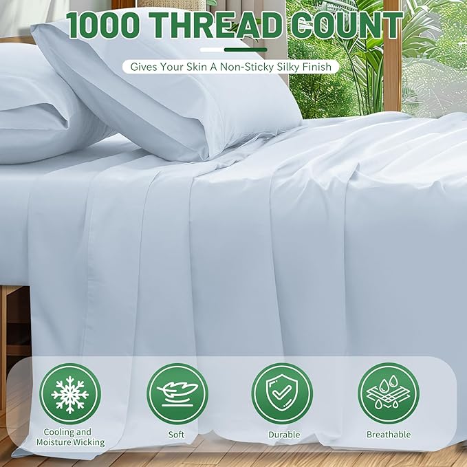 100% Egyptian Cotton Sheets Cal King Sheet Set 4PCS 1000 Thread Count Sateen Weave Soft Breathable 16-Inch Deep Pocket(California King,Light Blue)