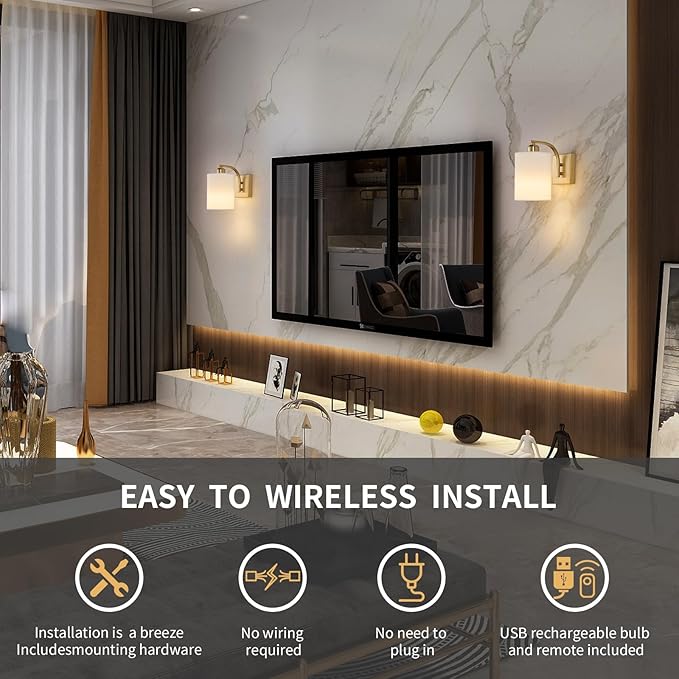 Gold Rechargeable Battery Operated Wall Sconces Set of 2 with Remote, Wireless Dimmable Battery Powered LED Wall Lights, Cordless Wall Lighting Lamp Fixture for Bedroom Living Room